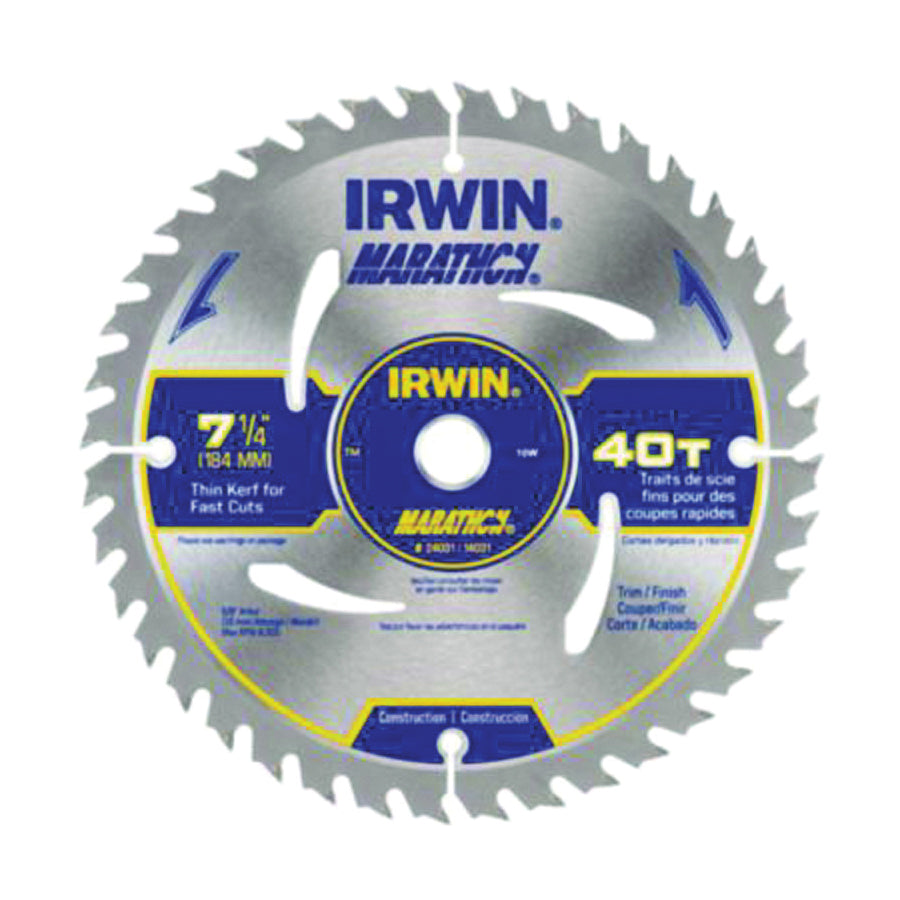 IRWIN MARATHON 14031 Circular Saw Blade, 7-1/4 in Dia, 5/8 in Arbor, 40-Teeth, Carbide Cutting Edge
