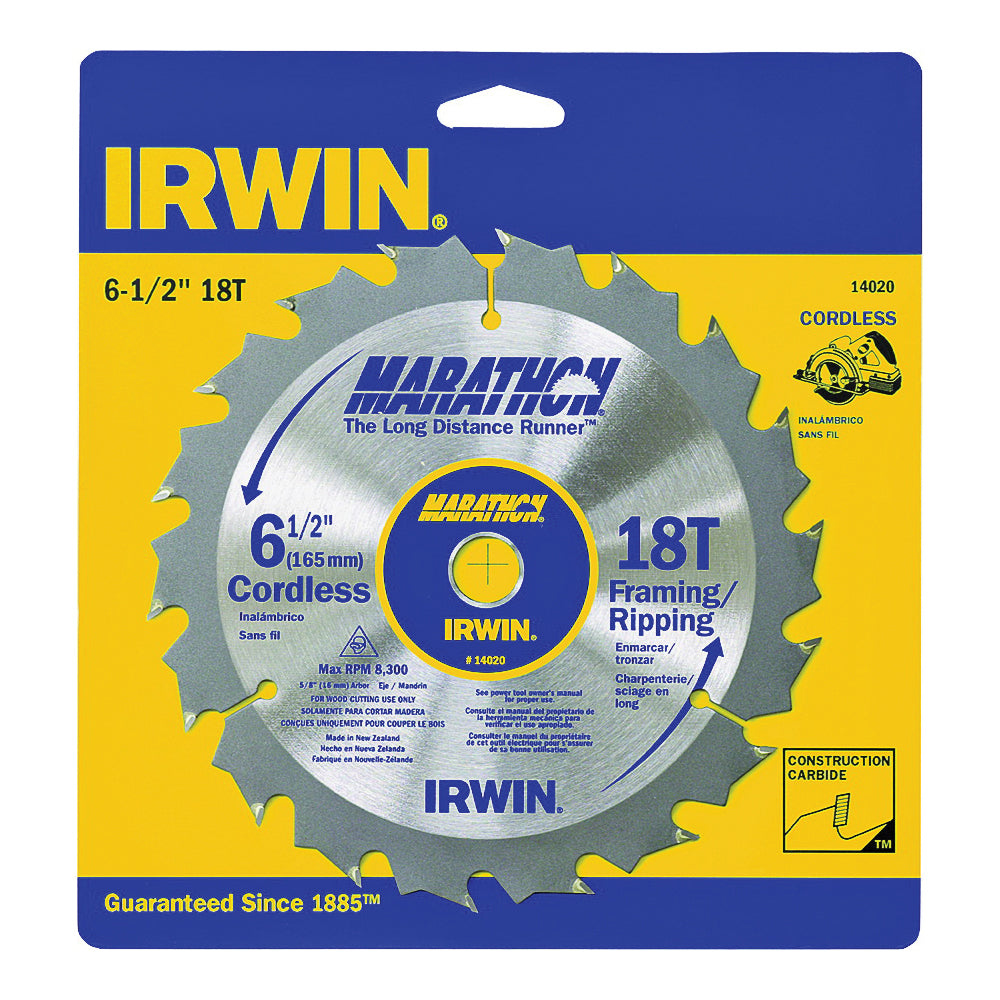 IRWIN MARATHON 14020 Circular Saw Blade, 6-1/2 in Dia, 5/8 in Arbor, 18-Teeth, Carbide Cutting Edge