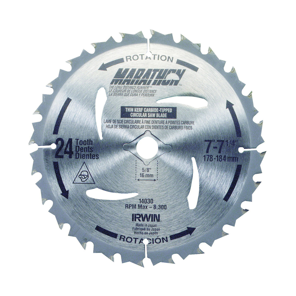 IRWIN MARATHON 14030 Circular Saw Blade, 7-1/4 in Dia, 5/8 in Arbor, 24-Teeth, Carbide Cutting Edge