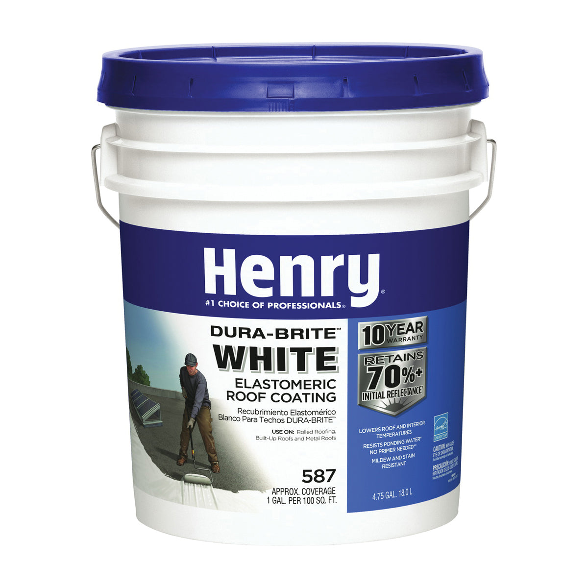 Henry HE587372 Elastomeric Roof Coating, White, 5 gal Pail, Cream