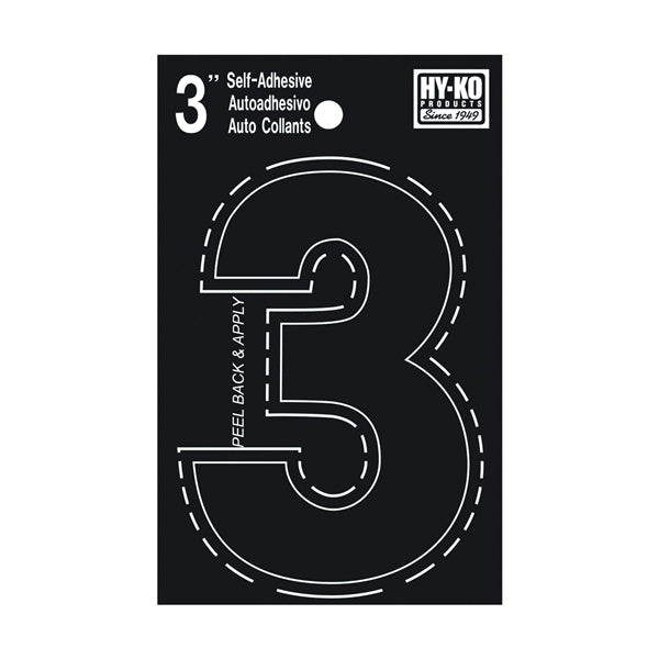 HY-KO 30400 Series 30403 Die-Cut Number, Character: 3, 3 in H Character, Black Character, Vinyl