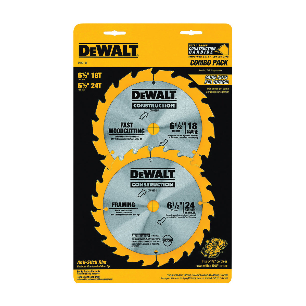 DeWALT DW9158 Circular Saw Blade, 6-1/2 in Dia, 5/8 in Arbor, 18-Teeth, Carbide Cutting Edge