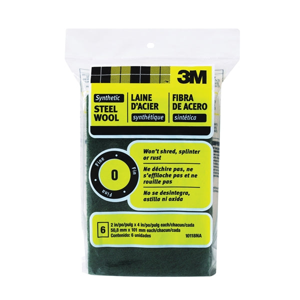 3M 10118 Steel Wool, 4 in L, 2 in W, #0 Grit, Fine, Green