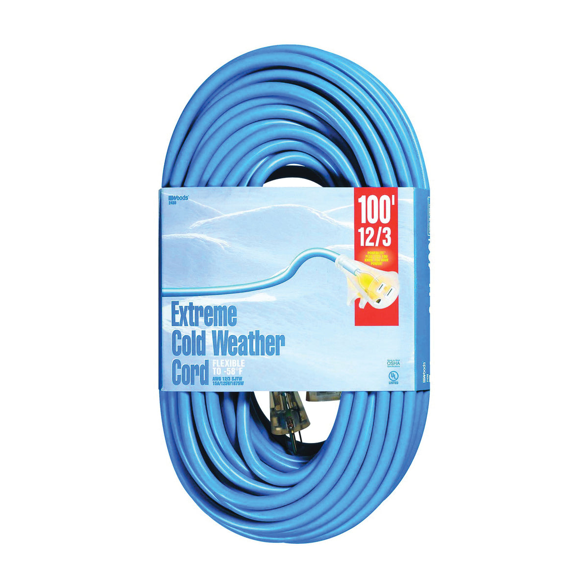Woods 2439 Extension Cord, 12 AWG Cable, 100 ft L, 15 A, 125 V, Bright Blue