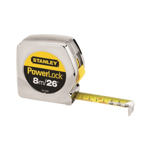 STANLEY 33-428L Tape Measure, 26 ft L Blade, 1 in W Blade, Steel Blade, ABS Case, Chrome Case