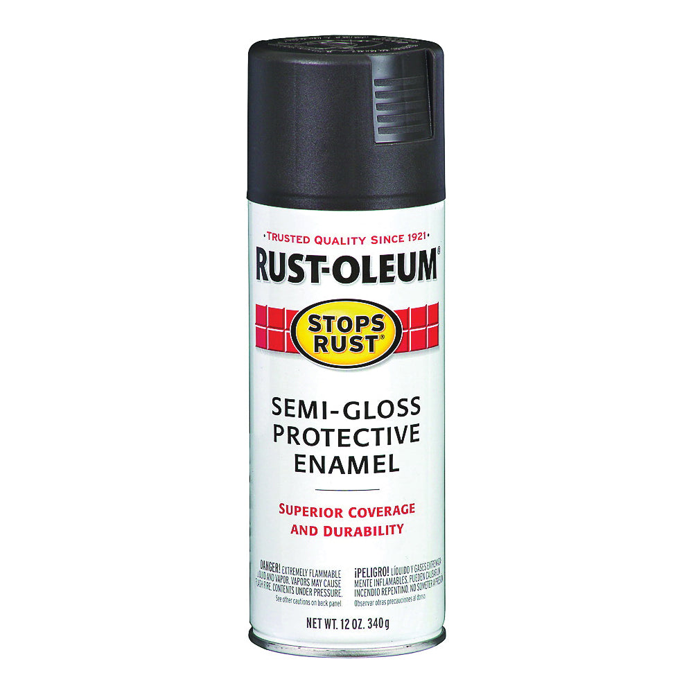 RUST-OLEUM STOPS RUST 7798830 Protective Enamel Spray Paint, Semi-Gloss, Black, 12 oz, Aerosol Can