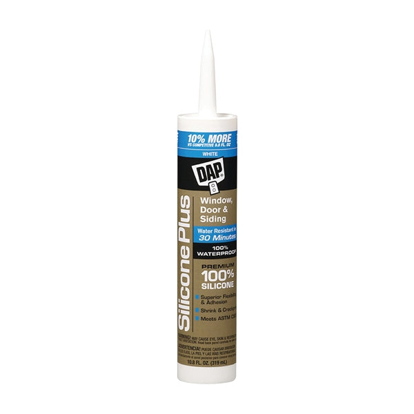 DAP Silicone Plus 08780 Window and Door Sealant, White, -40 to 300 deg F, 10.1 fl-oz Cartridge