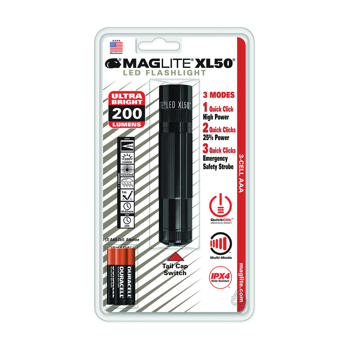MAGLITE XL50-S3016 Flashlight, AAA Battery, Alkaline Battery, LED Lamp, 104 Lumens, Flood to Spot Beam, Black