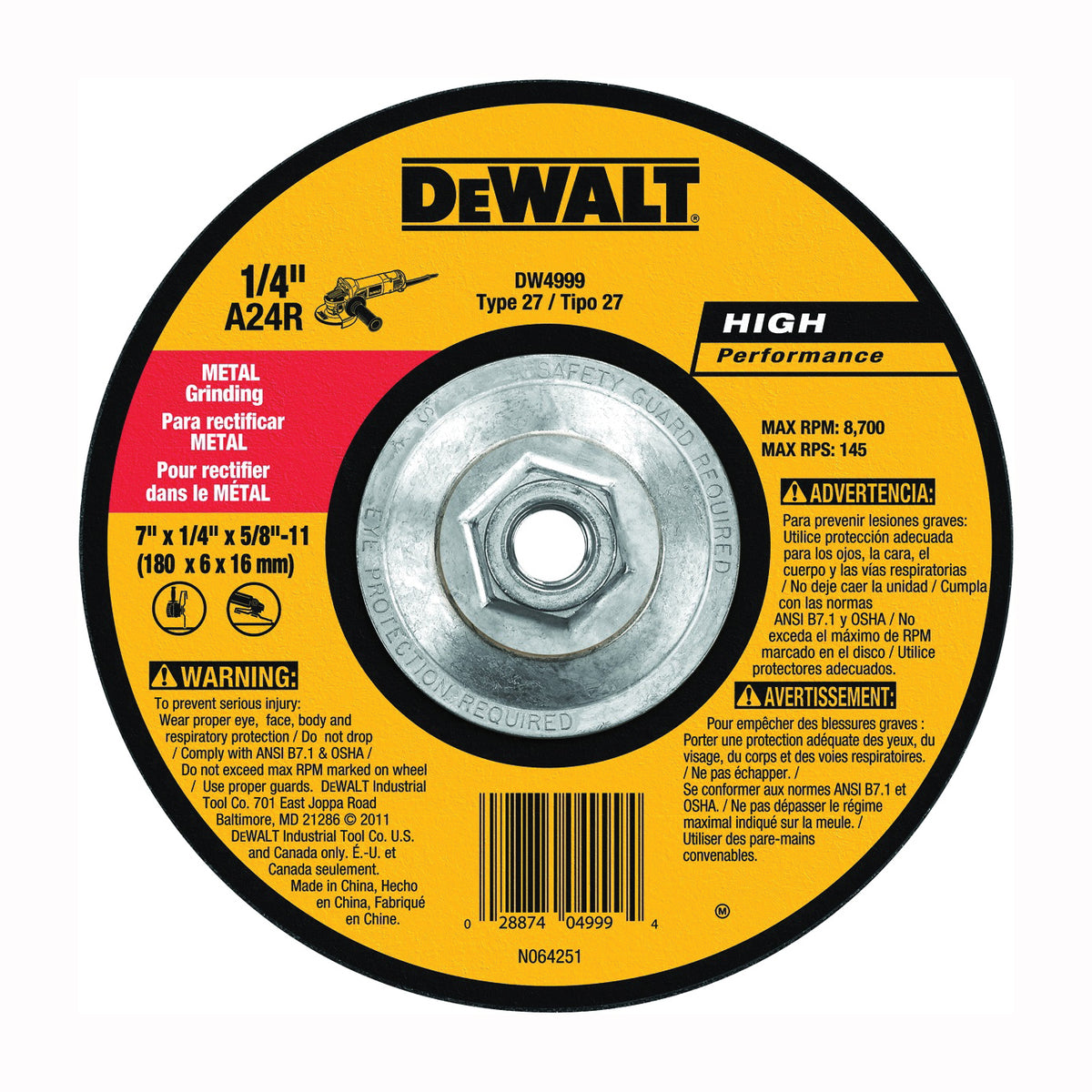 DeWALT DW4999 Grinding Wheel, 7 in Dia, 1/4 in Thick, 5/8-11 in Arbor, 24 Grit, Very Coarse