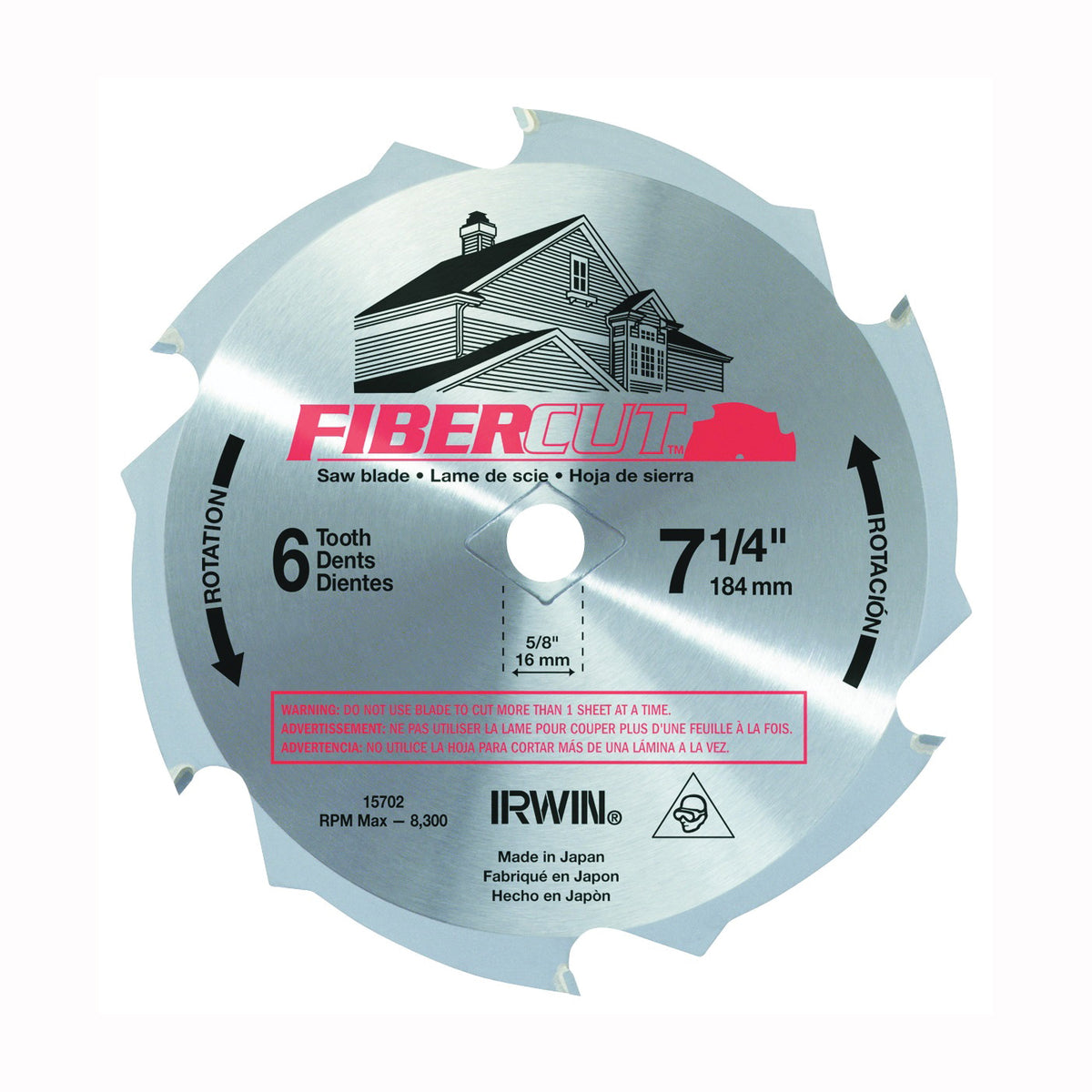 IRWIN 15702ZR Circular Saw Blade, 7-1/4 in Dia, 5/8 in Arbor, 6-Teeth, Carbide Cutting Edge
