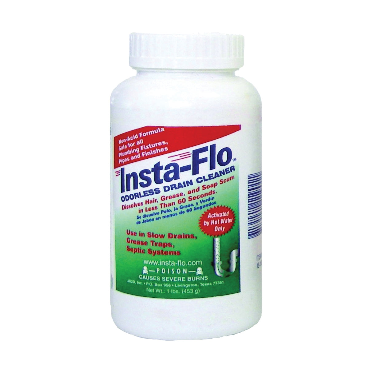 Insta-Flo IS-100 Drain Cleaner, Solid, White, Odorless, 1 lb Bottle