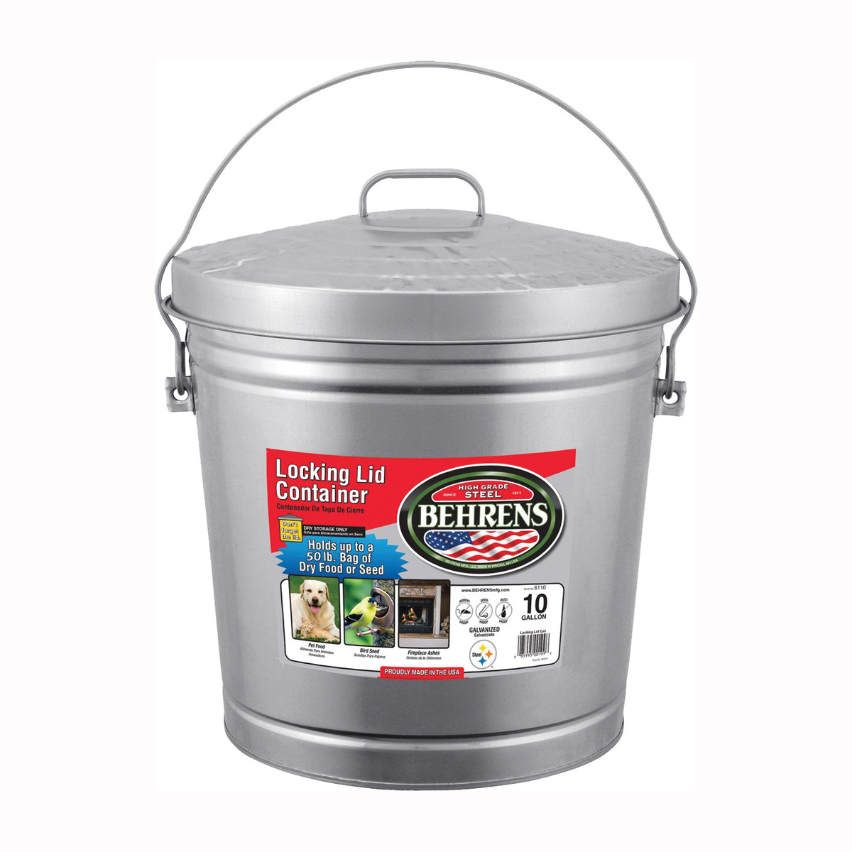 Behrens 6110 Locking Lid Can, 10 gal Capacity, Galvanized Steel, Silver