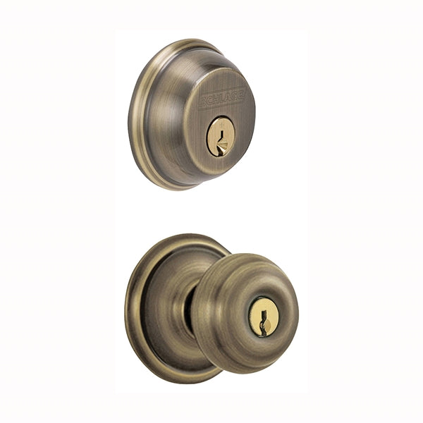 Schlage Georgian Series FB50NVGEO609 Knob Lockset, 2 Grade, Keyed Alike Key, Steel, Antique Brass, K4 Keyway, Left Hand