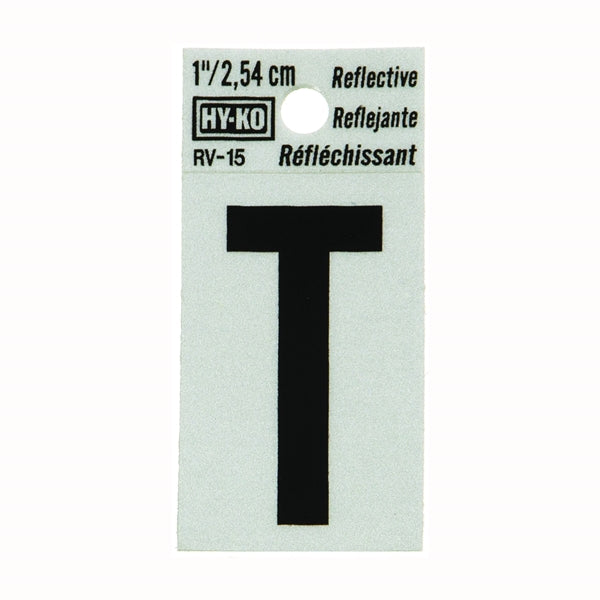 HY-KO RV-15/T Reflective Letter, Character: T, 1 in H Character, Black Character, Silver Background, Vinyl