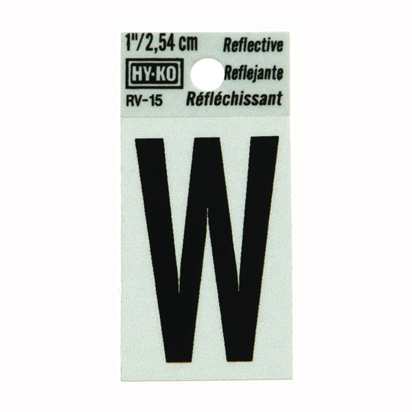 HY-KO RV-15/W Reflective Letter, Character: W, 1 in H Character, Black Character, Silver Background, Vinyl
