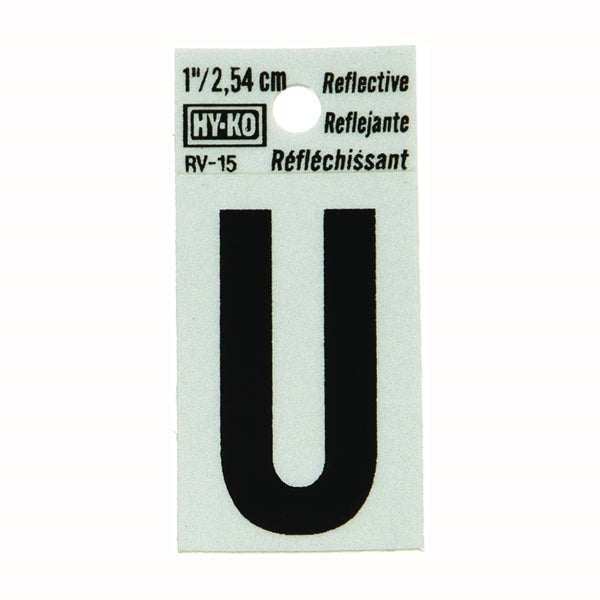 HY-KO RV-15/U Reflective Letter, Character: U, 1 in H Character, Black Character, Silver Background, Vinyl