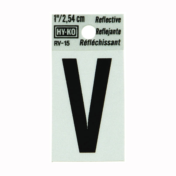 HY-KO RV-15/V Reflective Letter, Character: V, 1 in H Character, Black Character, Silver Background, Vinyl