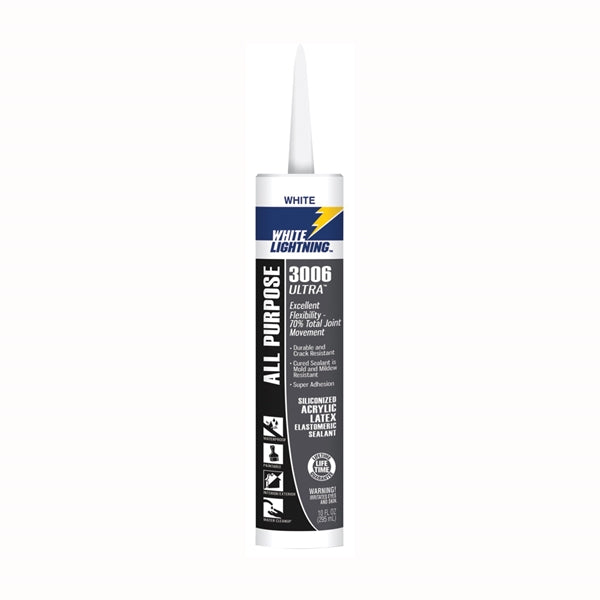 WHITE LIGHTNING 3006 ULTRA W11000010 Siliconized Acrylic Latex Sealant, White, 5 to 7 days Curing, -30 to 180 deg F