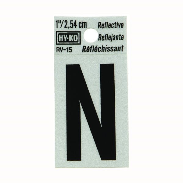 HY-KO RV-15/N Reflective Letter, Character: N, 1 in H Character, Black Character, Silver Background, Vinyl