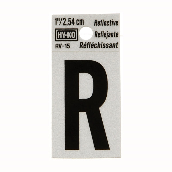 HY-KO RV-15/R Reflective Letter, Character: R, 1 in H Character, Black Character, Silver Background, Vinyl