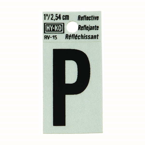 HY-KO RV-15/P Reflective Letter, Character: P, 1 in H Character, Black Character, Silver Background, Vinyl