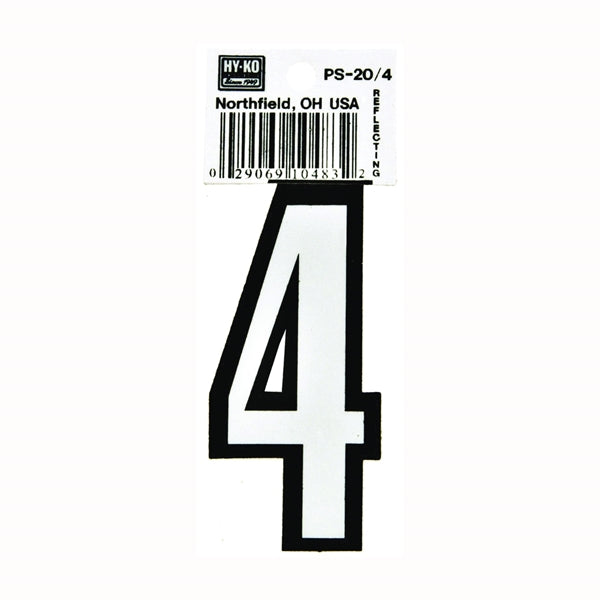 HY-KO PS-20/4 Reflective Sign, Character: 4, 3-1/4 in H Character, Black/White Character, Vinyl