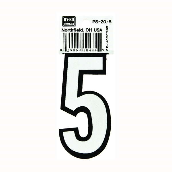 HY-KO PS-20/5 Reflective Sign, Character: 5, 3-1/4 in H Character, Black/White Character, Vinyl