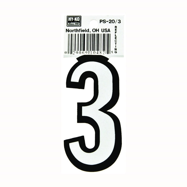 HY-KO PS-20/3 Reflective Sign, Character: 3, 3-1/4 in H Character, Black/White Character, Vinyl