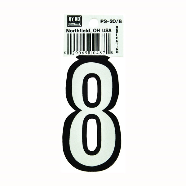 HY-KO PS-20/8 Reflective Sign, Character: 8, 3-1/4 in H Character, Black/White Character, Vinyl