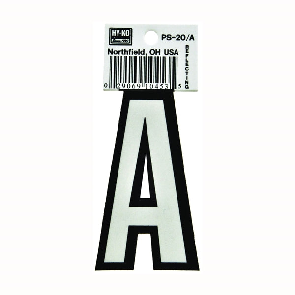HY-KO PS-20/A Reflective Letter, Character: A, 3-1/4 in H Character, Black/White Character, Vinyl