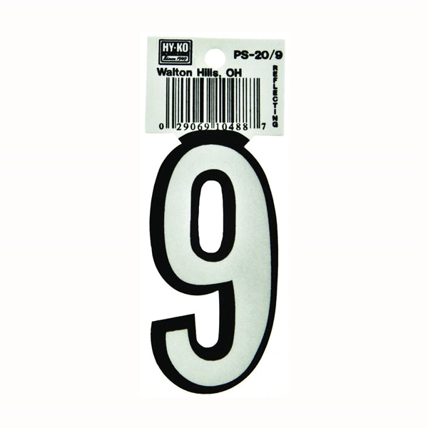 HY-KO PS-20/9 Reflective Sign, Character: 9, 3-1/4 in H Character, Black/White Character, Vinyl