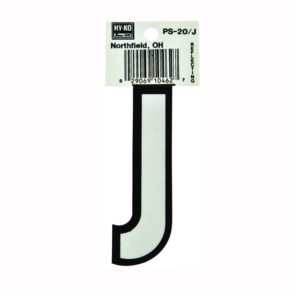 HY-KO PS-20/J Reflective Letter, Character: J, 3-1/4 in H Character, Black/White Character, Vinyl