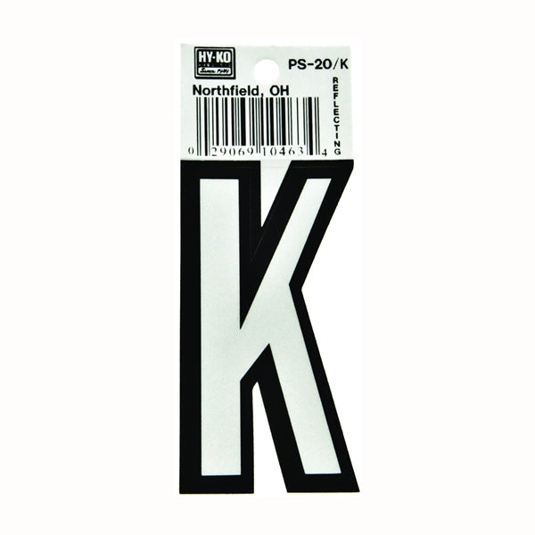 HY-KO PS-20/K Reflective Letter, Character: K, 3-1/4 in H Character, Black/White Character, Vinyl