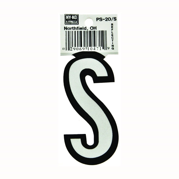 HY-KO PS-20/S Reflective Letter, Character: S, 3-1/4 in H Character, Black/White Character, Vinyl