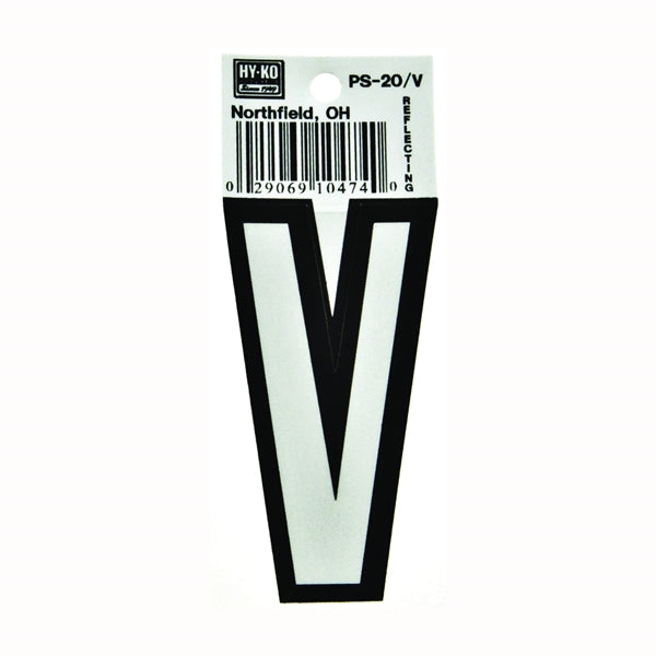 HY-KO PS-20/V Reflective Letter, Character: V, 3-1/4 in H Character, Black/White Character, Vinyl