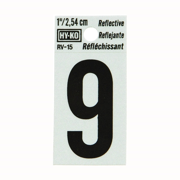 HY-KO RV-15/9 Reflective Sign, Character: 9, 1 in H Character, Black Character, Silver Background, Vinyl