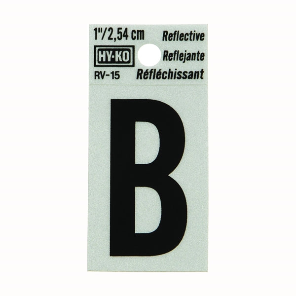 HY-KO RV-15/B Reflective Letter, Character: B, 1 in H Character, Black Character, Silver Background, Vinyl