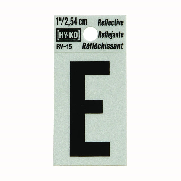 HY-KO RV-15/E Reflective Letter, Character: E, 1 in H Character, Black Character, Silver Background, Vinyl