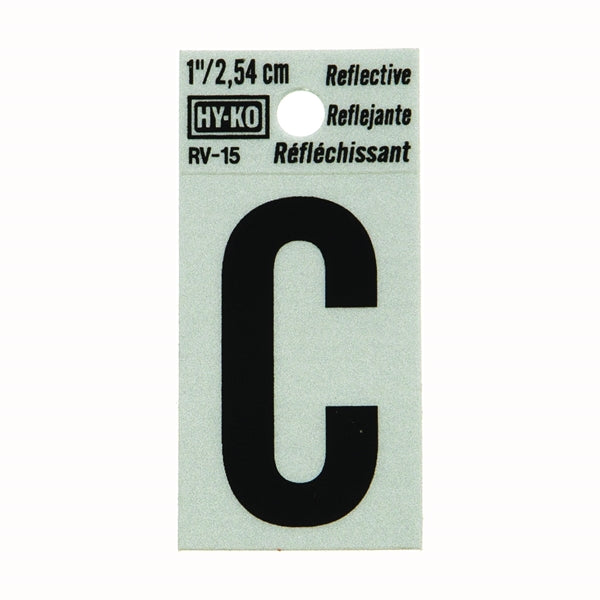 HY-KO RV-15/C Reflective Letter, Character: C, 1 in H Character, Black Character, Silver Background, Vinyl
