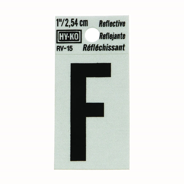 HY-KO RV-15/F Reflective Letter, Character: F, 1 in H Character, Black Character, Silver Background, Vinyl