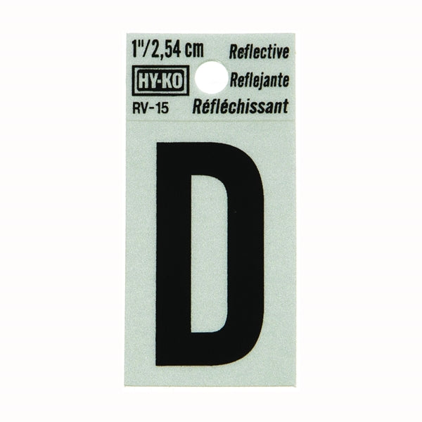 HY-KO RV-15/D Reflective Letter, Character: D, 1 in H Character, Black Character, Silver Background, Vinyl