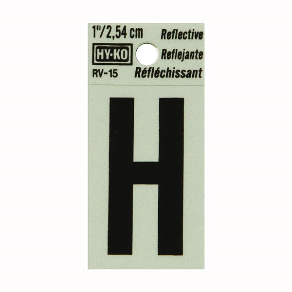 HY-KO RV-15/H Reflective Letter, Character: H, 1 in H Character, Black Character, Silver Background, Vinyl