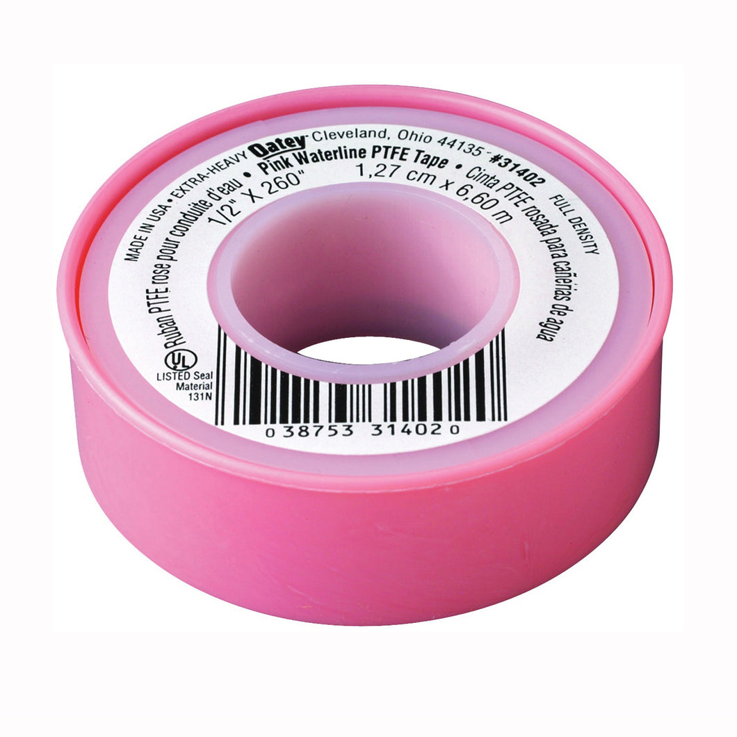 Oatey 31402D Thread Seal Tape, 260 in L, 1/2 in W, PTFE, Pink
