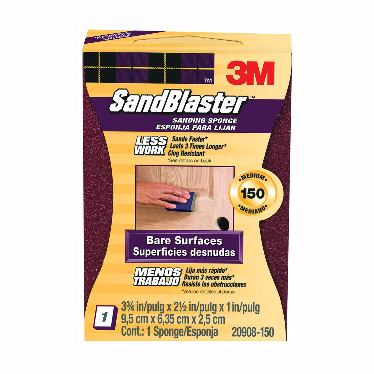 3M SandBlaster 20908-150 Sanding Sponge, 3-3/4 in L, 2-5/8 in W, 150 Grit, Medium, Aluminum Oxide Abrasive