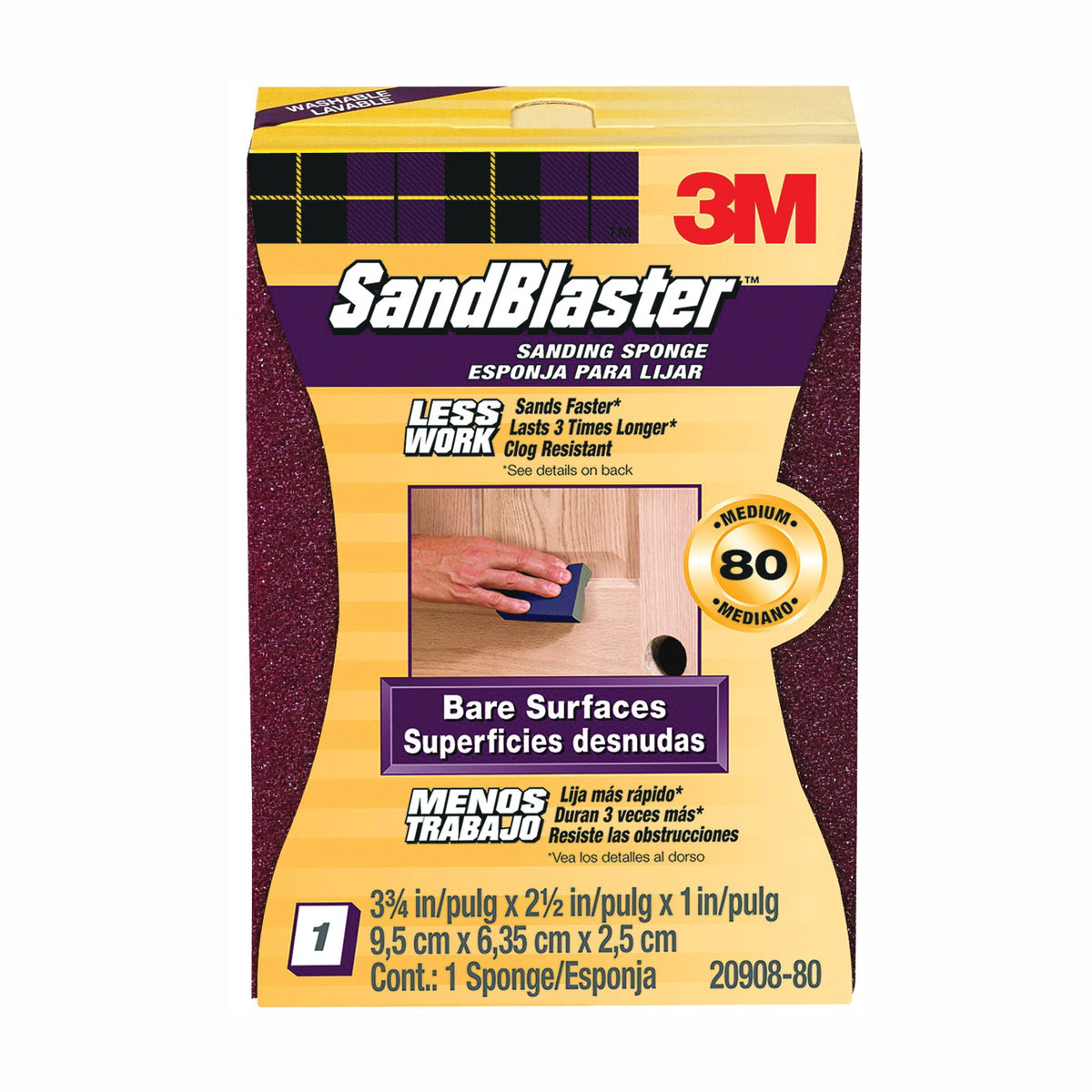 3M SandBlaster 20908-80 Sanding Sponge, 3-3/4 in L, 2-5/8 in W, 80 Grit, Medium, Aluminum Oxide Abrasive