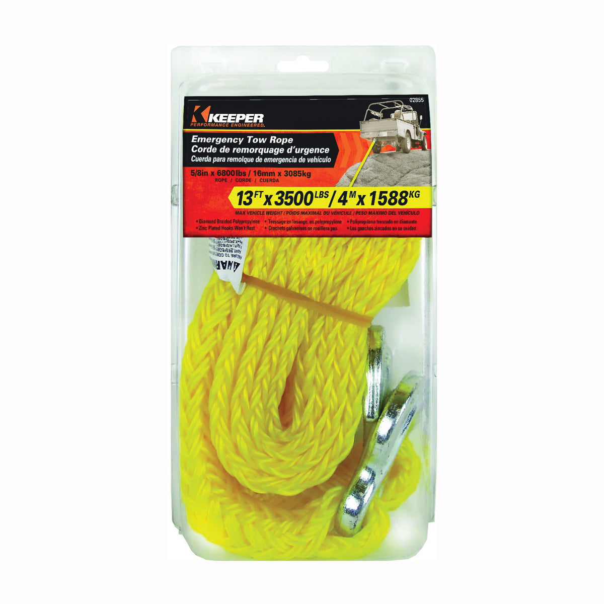 KEEPER 02855 Tow Rope, 5/8 in Dia, 13 ft L, Hook End, 6800 Working Load, Polypropylene