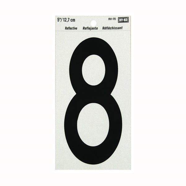 HY-KO RV-70/8 Reflective Sign, Character: 8, 5 in H Character, Black Character, Silver Background, Vinyl