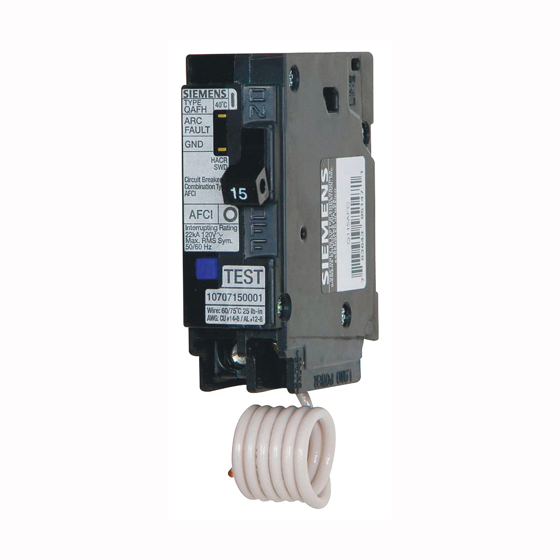 Siemens QA115AFC Circuit Breaker, AFCI, Combination, 15 A, 1 -Pole, 120/240 V, Fixed Trip, Plug Mounting, Black