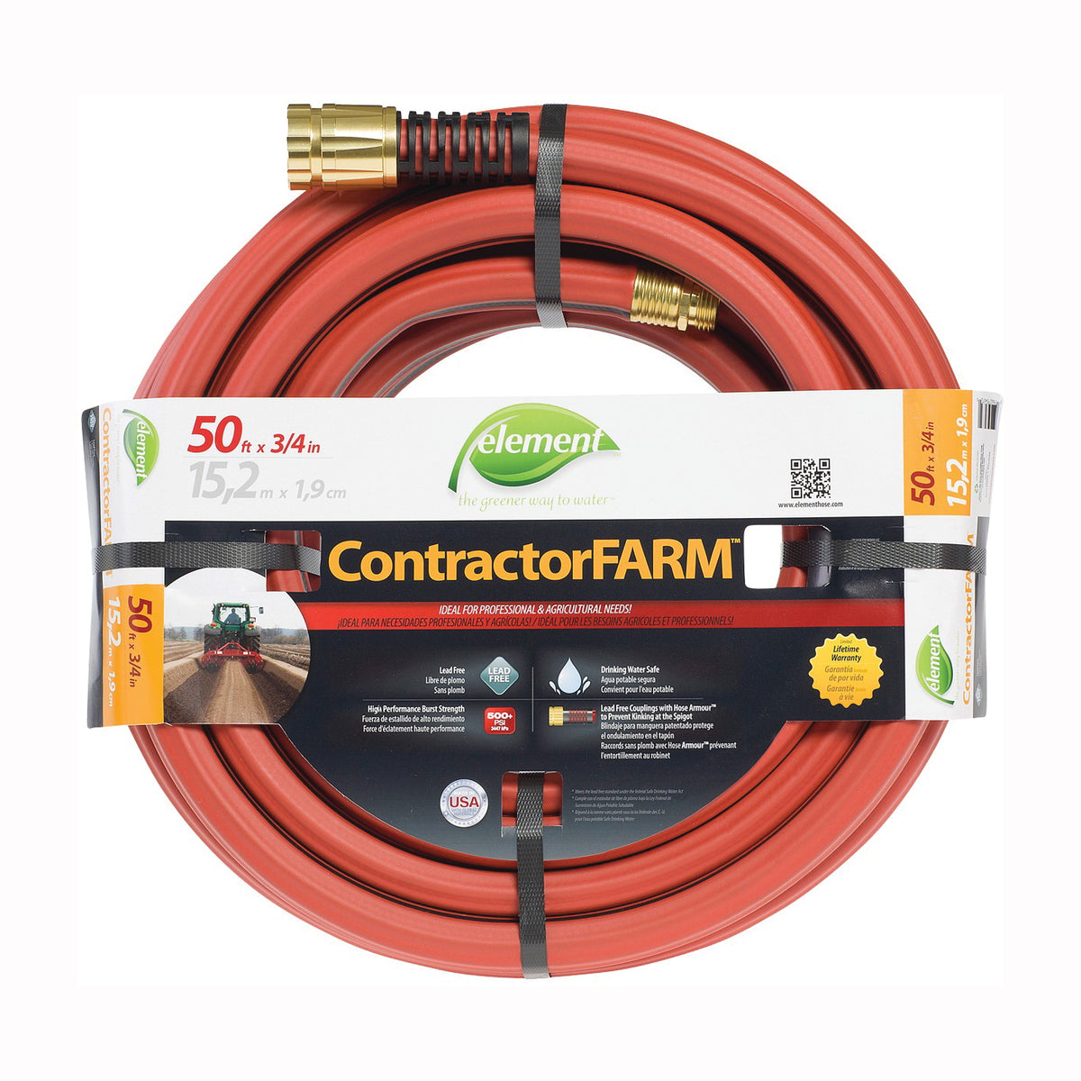 SWAN Element ContractorFARM ELCF34050 Water Hose with Brass Coupling, 50 ft L