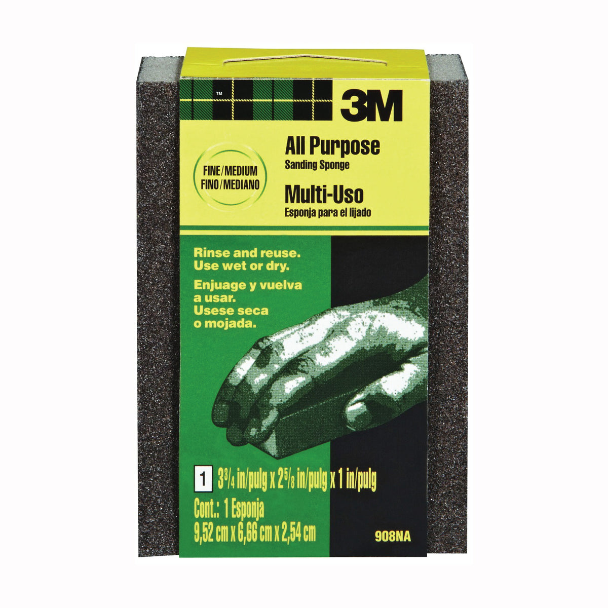 3M 908 Sanding Sponge, 3-3/4 in L, 2-5/8 in W, Fine, Medium, Aluminum Oxide Abrasive